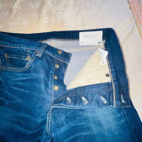 Rag & Bone Jeans Fit 2 Slim Mens Sz 29 Fits 32x34 Dark Blue Whiskering USA - Picture 10 of 14